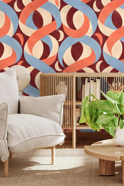 Playroom featuring Möbius Rhythm wallpaper with coral and blue ribbons on burgundy background