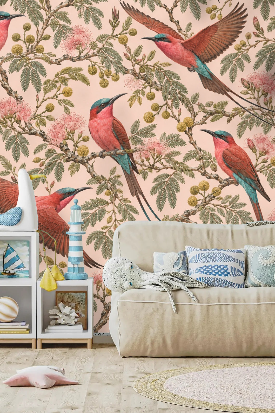 Perched bird with proud blue-green crown and coral body on wallpaper