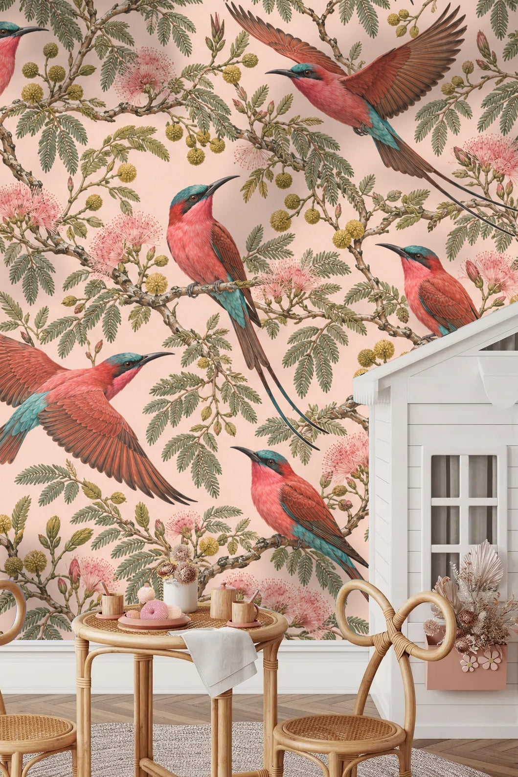 Wallpaper repeat detail with coral bee-eater birds and acacia blossoms