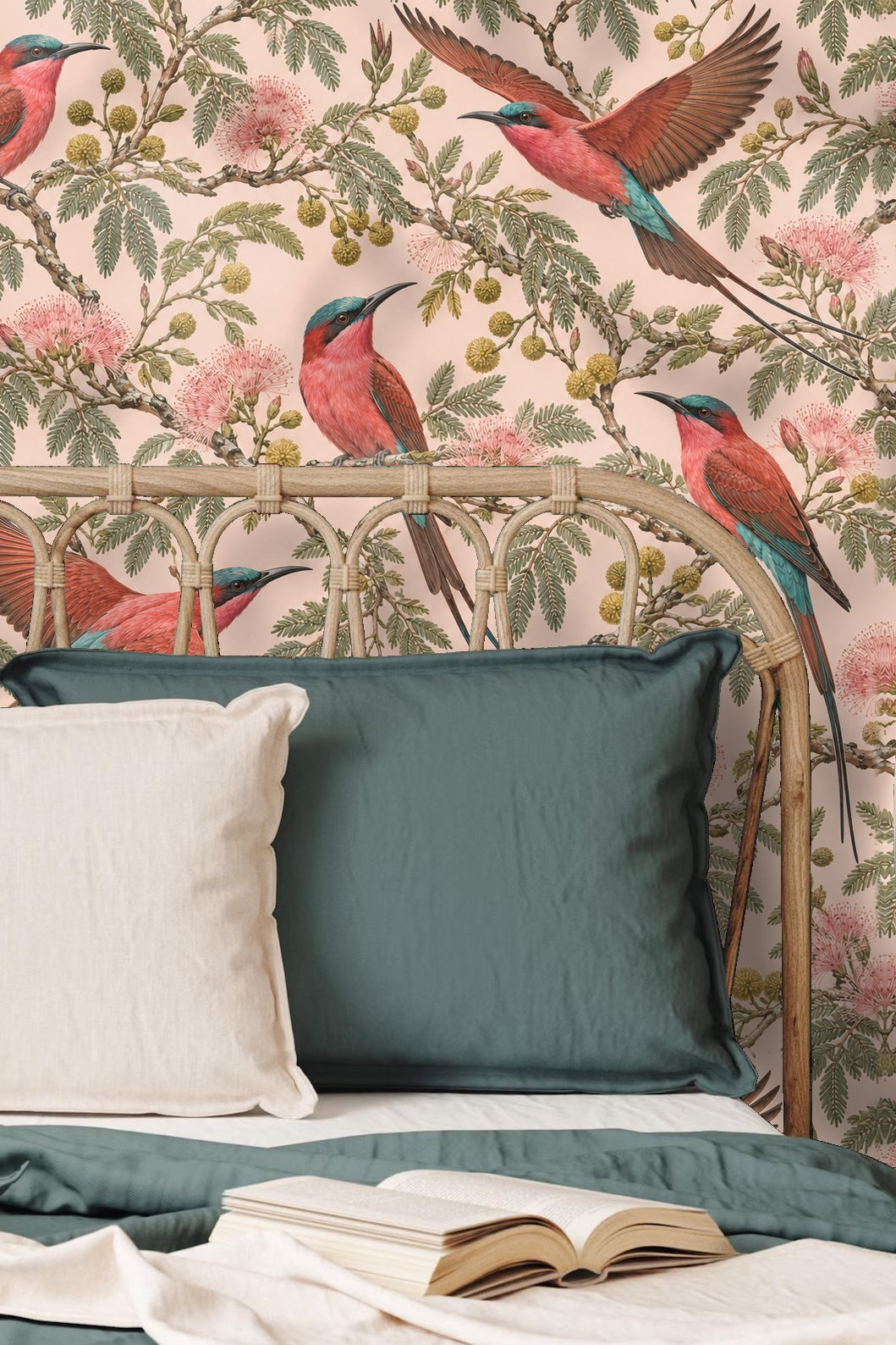 Kitchen or dining area with Bee-Eater Bloom Wallpaper featuring coral and teal birds on pink, styled with wood furniture and ceramic pitcher