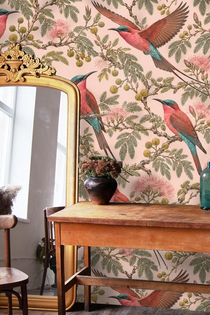 Decorative scene highlighting long-tailed birds and textured foliage on soft pink ground