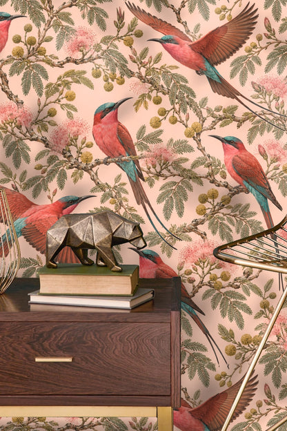 Wall segment showing birds in flight and perched amidst detailed pink flowers and green leaves