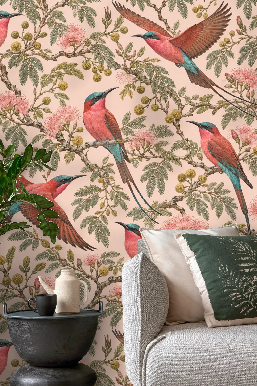 Detailed bird tail feathers integrated with wallpaper foliage