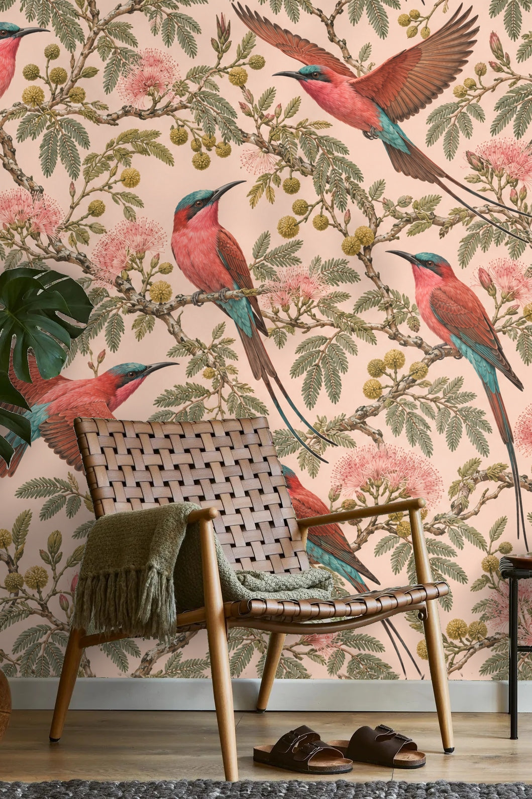 Flying bird mid-wing span on botanical wallpaper