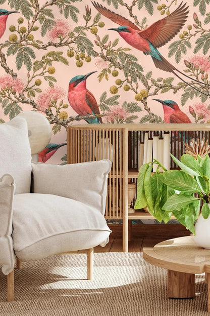 Close-up of wallpaper showing coral and teal bee-eater birds perched on acacia branches with pink flowers