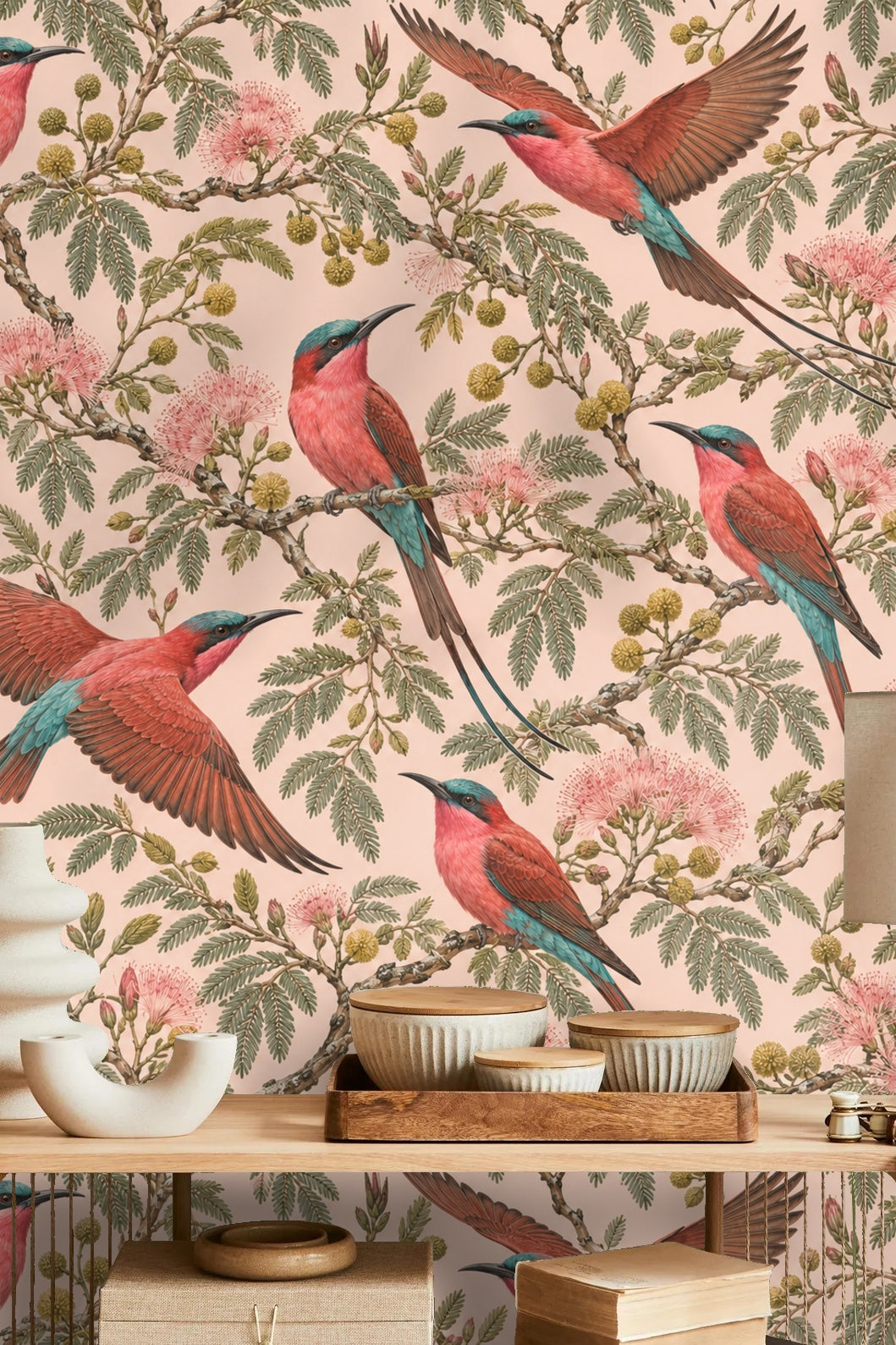 Side view of wallpaper with emphasis on contrasting coral and teal bird plumage