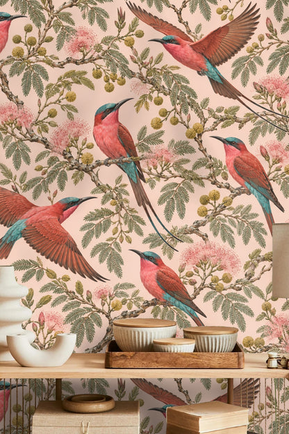 Side view of wallpaper with emphasis on contrasting coral and teal bird plumage