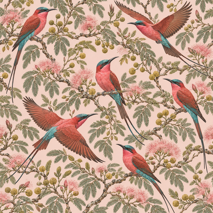 Pattern overview with bird groupings and floral branches on subtle pink background