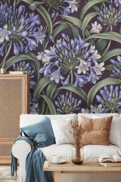 Close-up view showing stamen details inside the agapanthus flower heads in wallpaper.