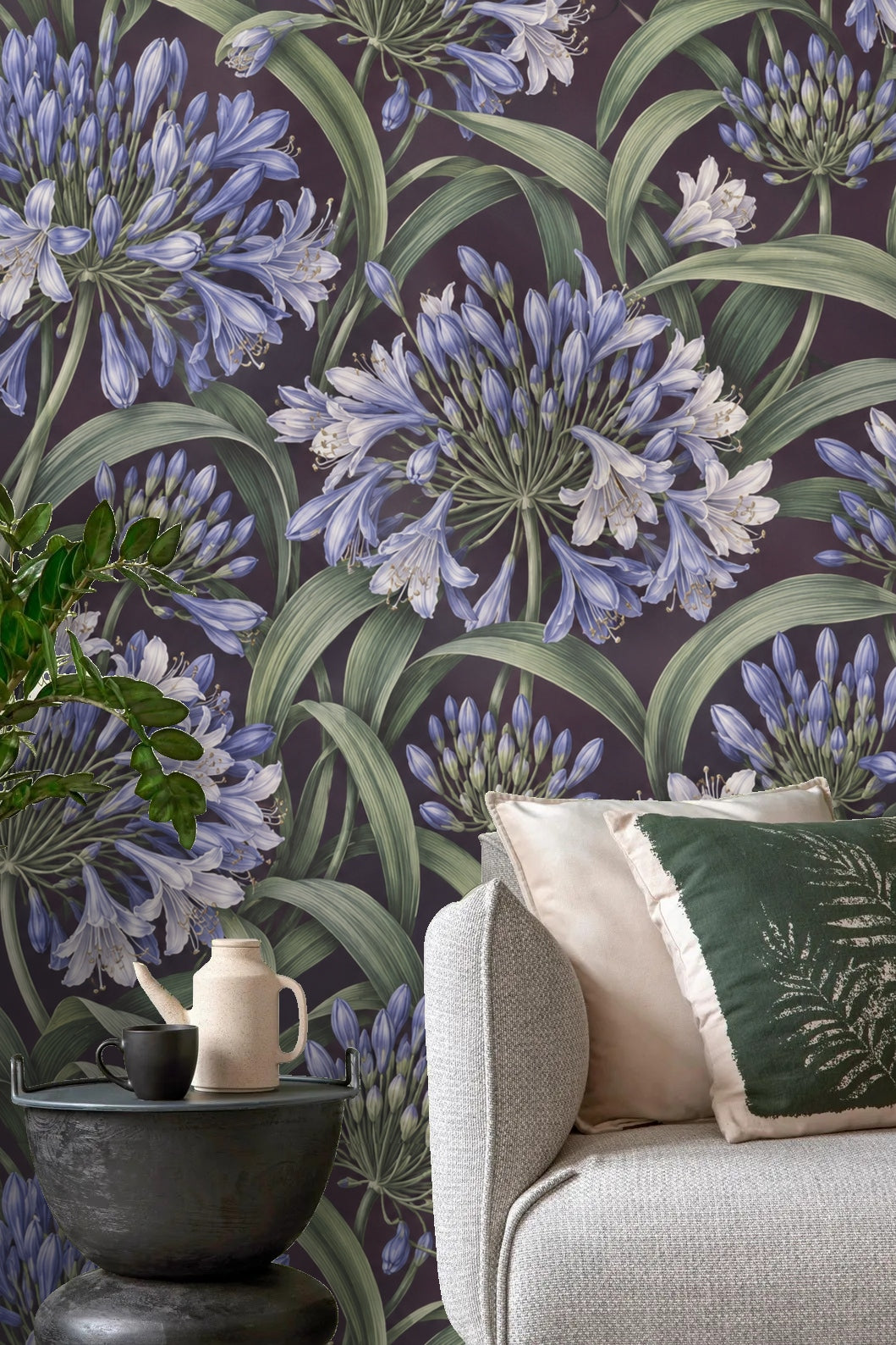Full wallpaper panel showcasing the large-scale floral motif of Agapanthus Rainwheel.