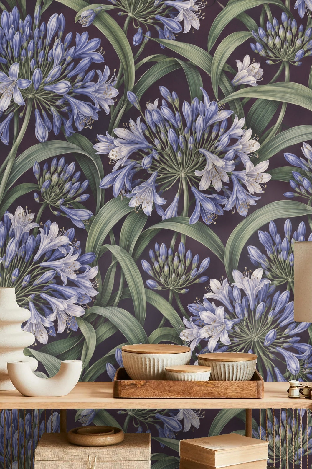 Section of wallpaper showing buds of agapanthus flowers about to bloom.
