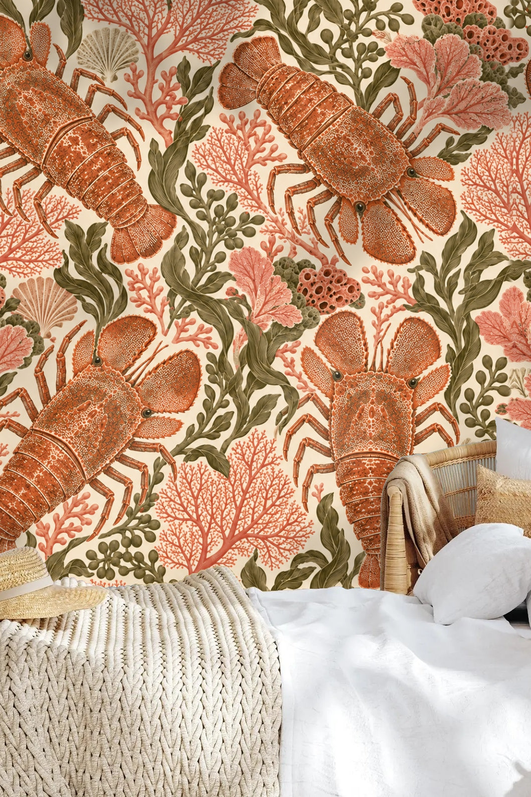 Playroom wall covered in slipper lobster coral wallpaper with playful marine theme