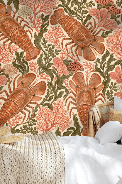 Playroom wall covered in slipper lobster coral wallpaper with playful marine theme