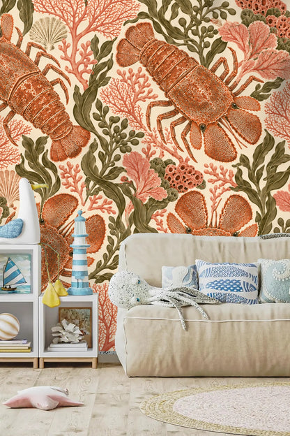 Close frontal view of coral fan seaweed and slipper lobster illustration