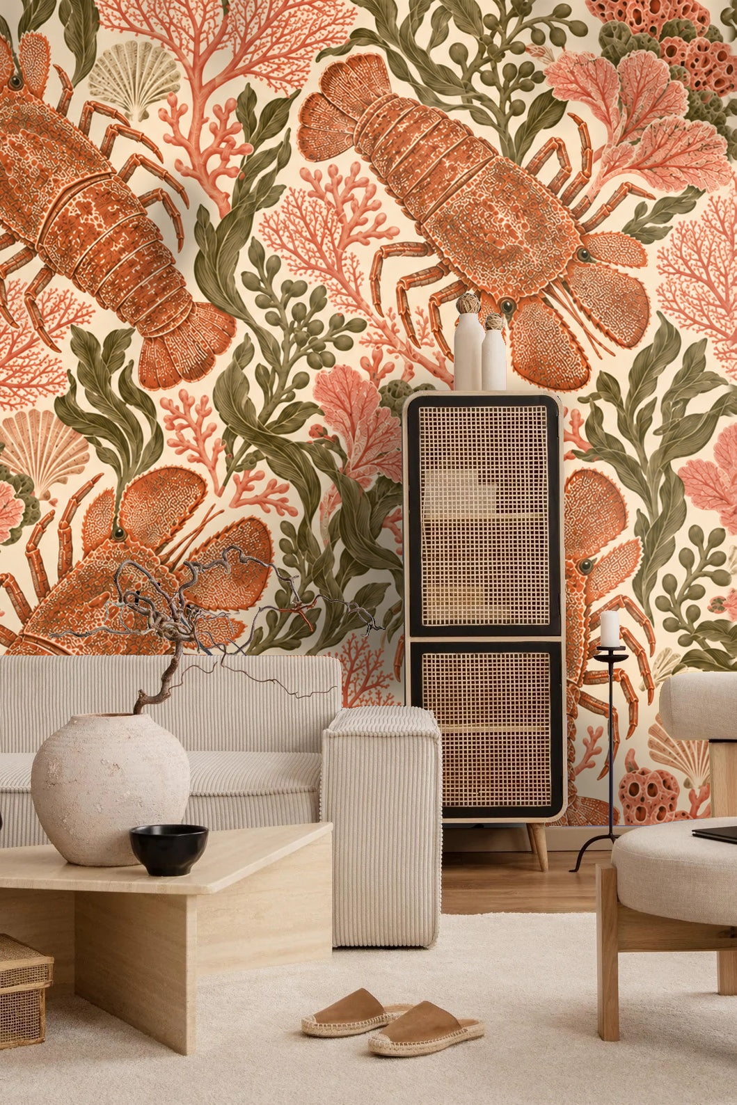 Interior shot highlighting wallpaper pattern behind scallop-backed chair