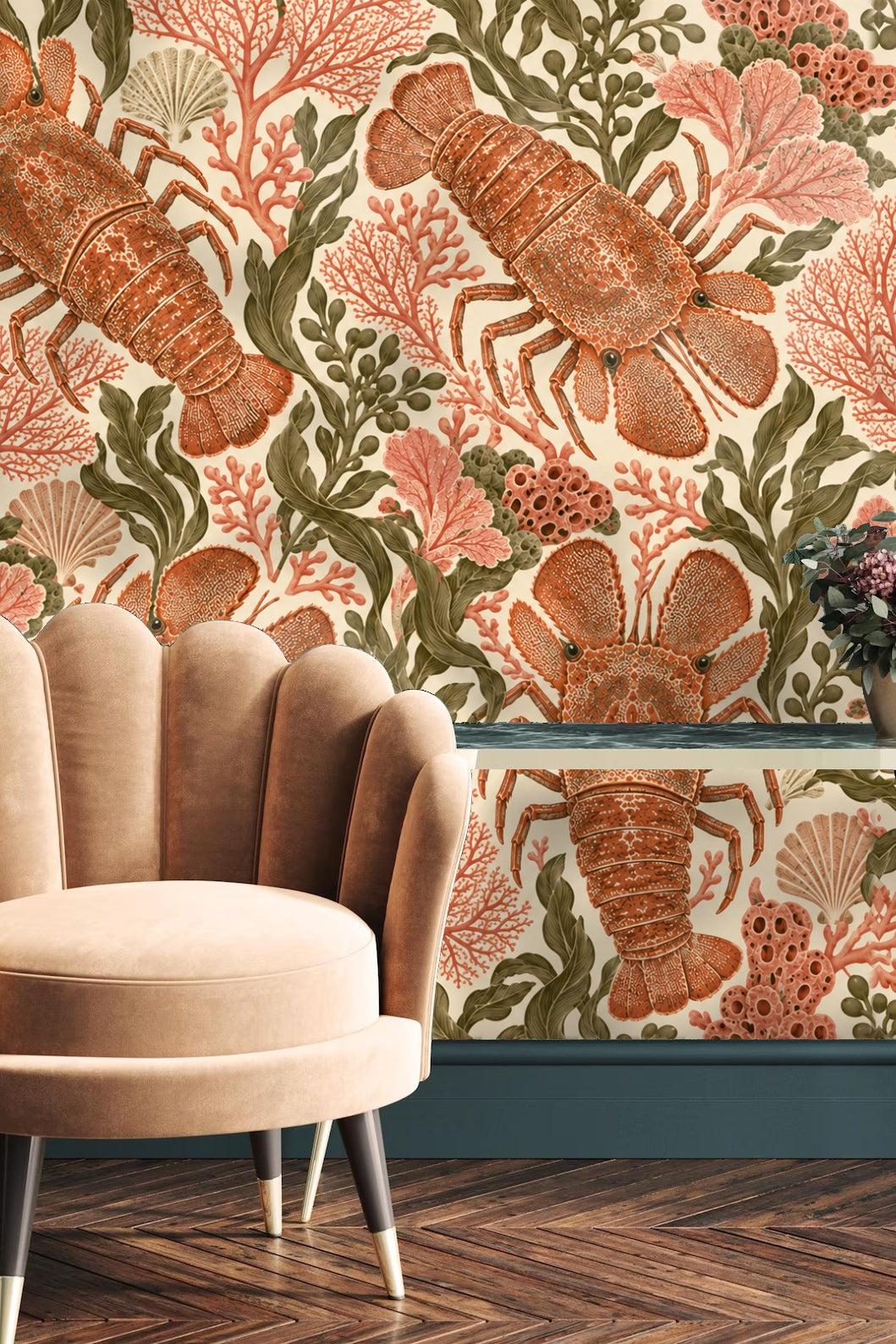 Close-up of slipper lobster motif wallpaper with coral branches and olive seaweed details