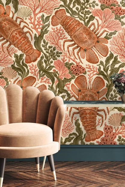 Close-up of slipper lobster motif wallpaper with coral branches and olive seaweed details