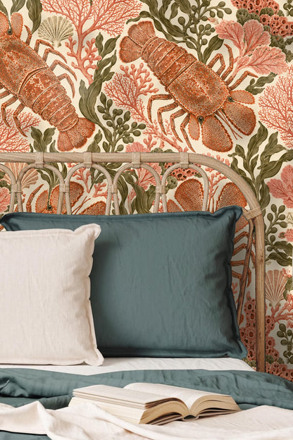 Full wallpaper repeat pattern showing lobsters in terracotta tones and coral foliage
