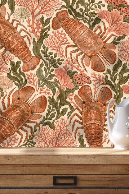 Detailed view of slipper lobster shell textures in coral and olive on cream background