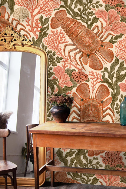 Textured coral and olive algae pattern surrounding lobster figures in wallpaper
