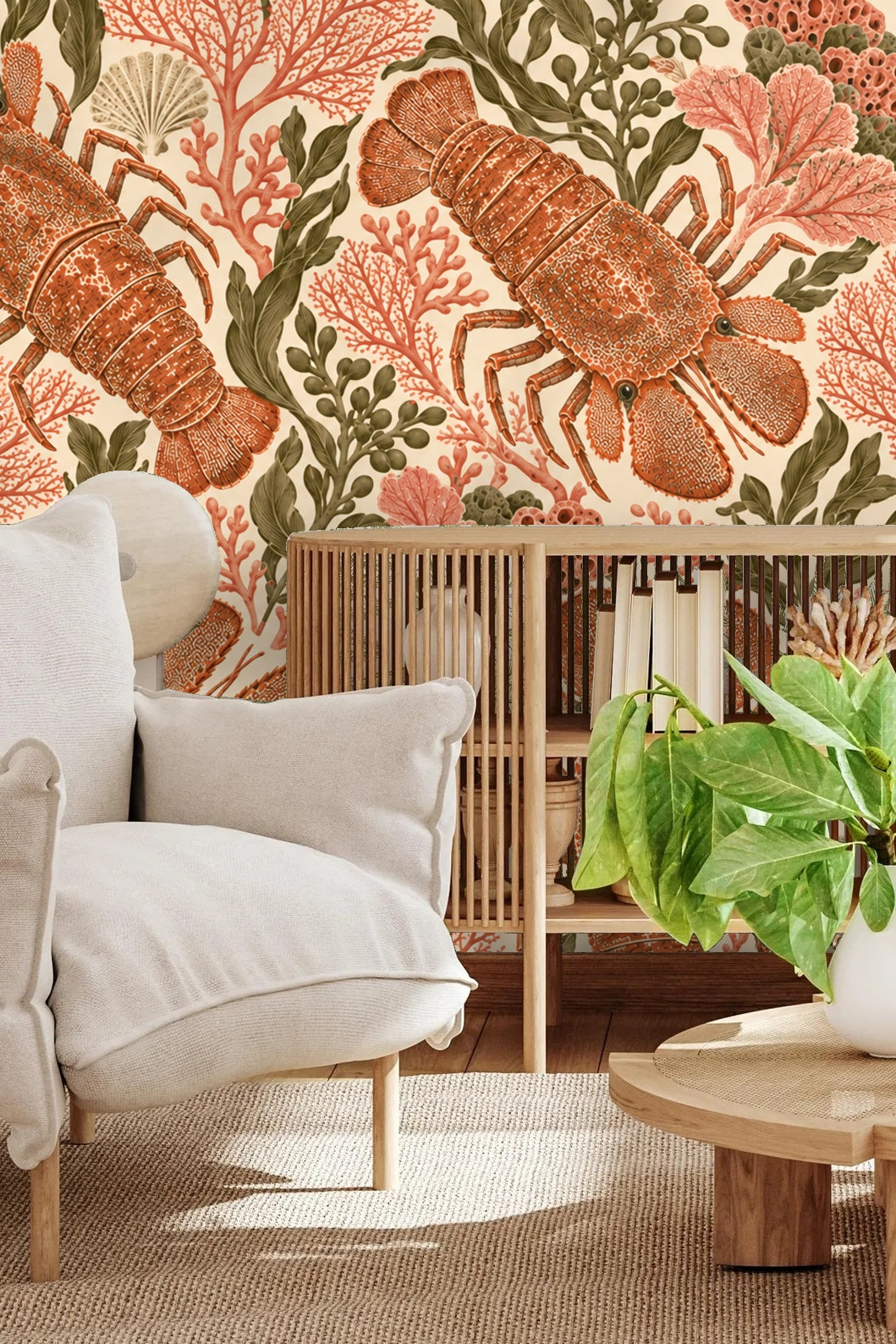 Elegant model room featuring lobster and coral wallpaper paired with vintage hardwood flooring