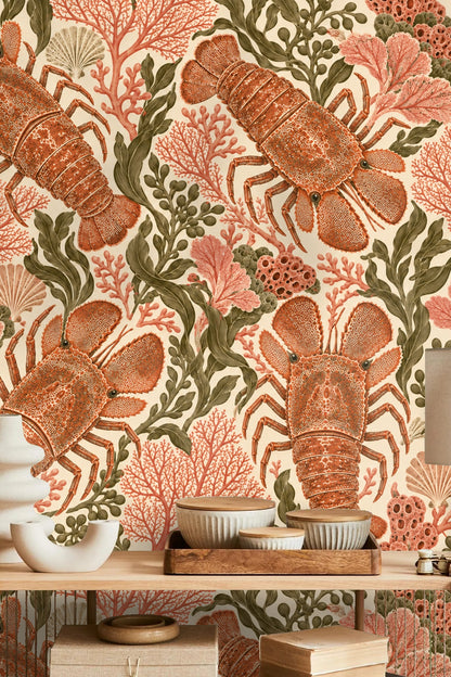 Wallpaper scene showing scale of slipper lobster and coral elements in living area