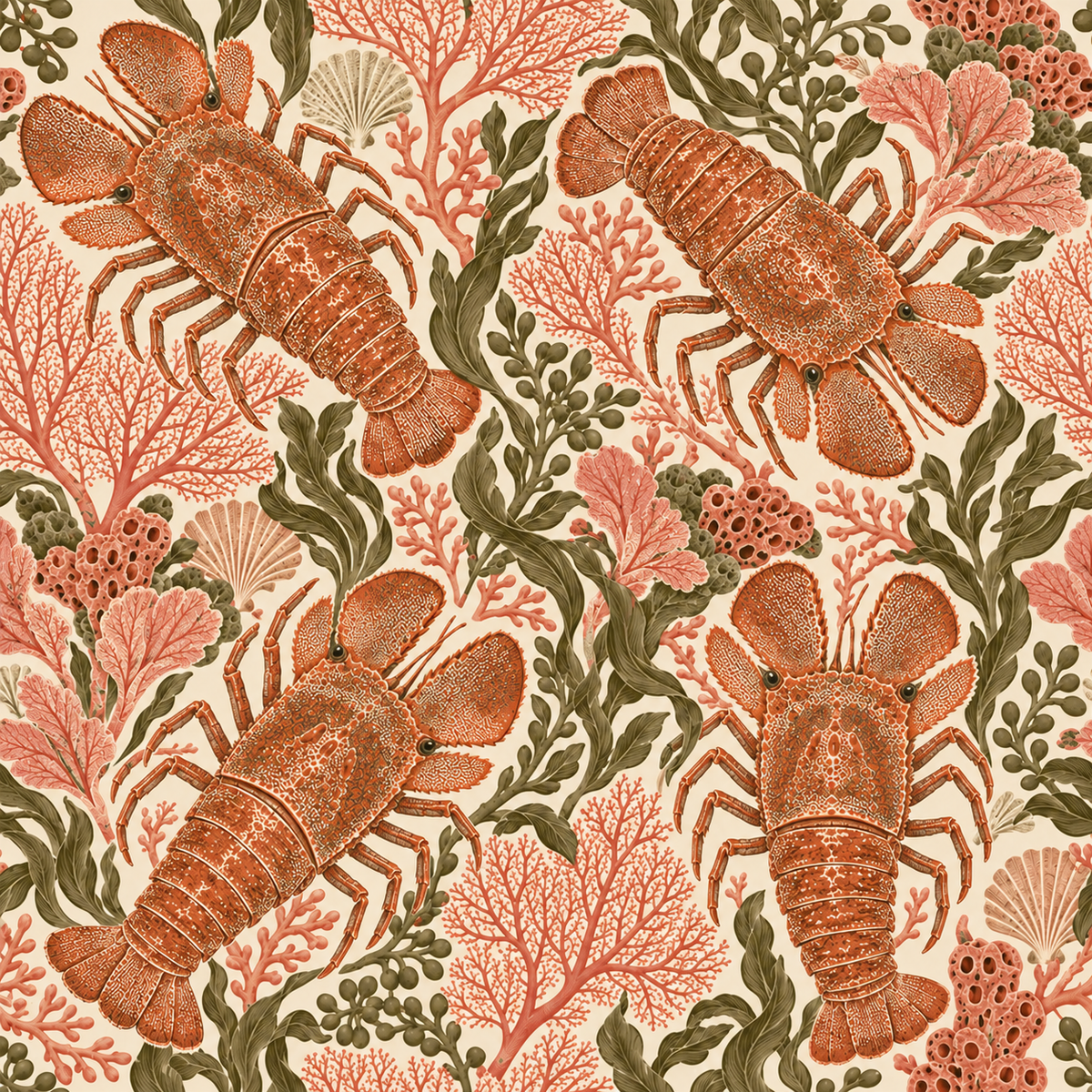 Coralcraft wallpaper with intricate lobster and sea plant detail in soft earthy palette