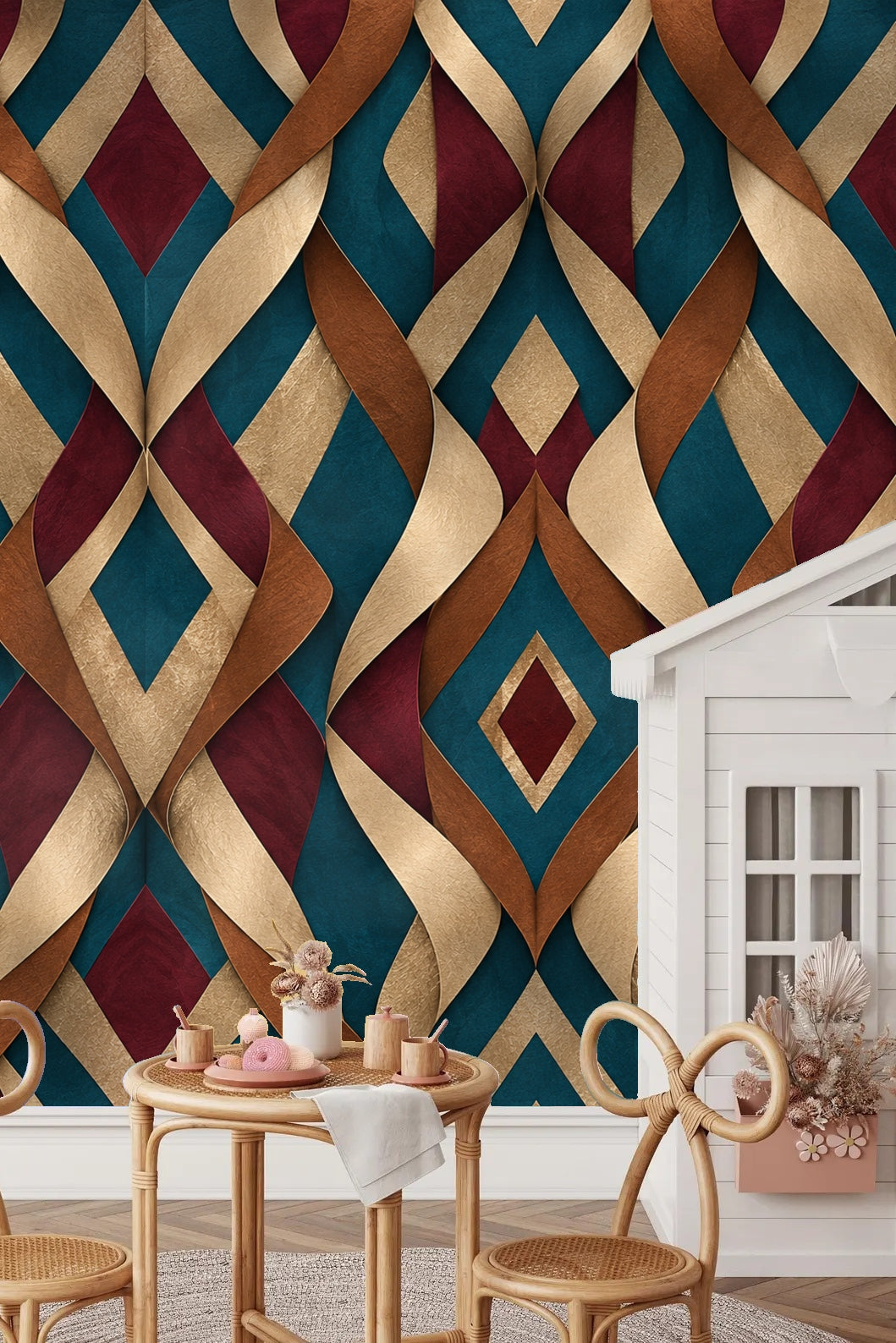 Living room corner detail with Tidefold Harlequin wallpaper behind wooden sideboard and bear sculpture