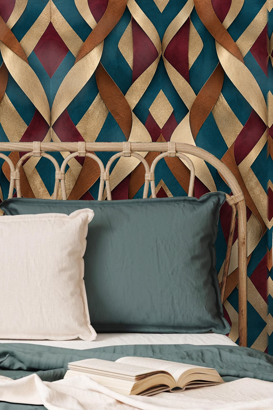 Playroom scene featuring Tidefold Harlequin wallpaper behind a white dollhouse and rattan furniture