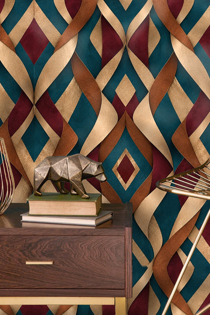 Tidefold Harlequin original wallpaper artwork with folded ribbon harlequin diamonds in teal, burgundy, gold, and brown