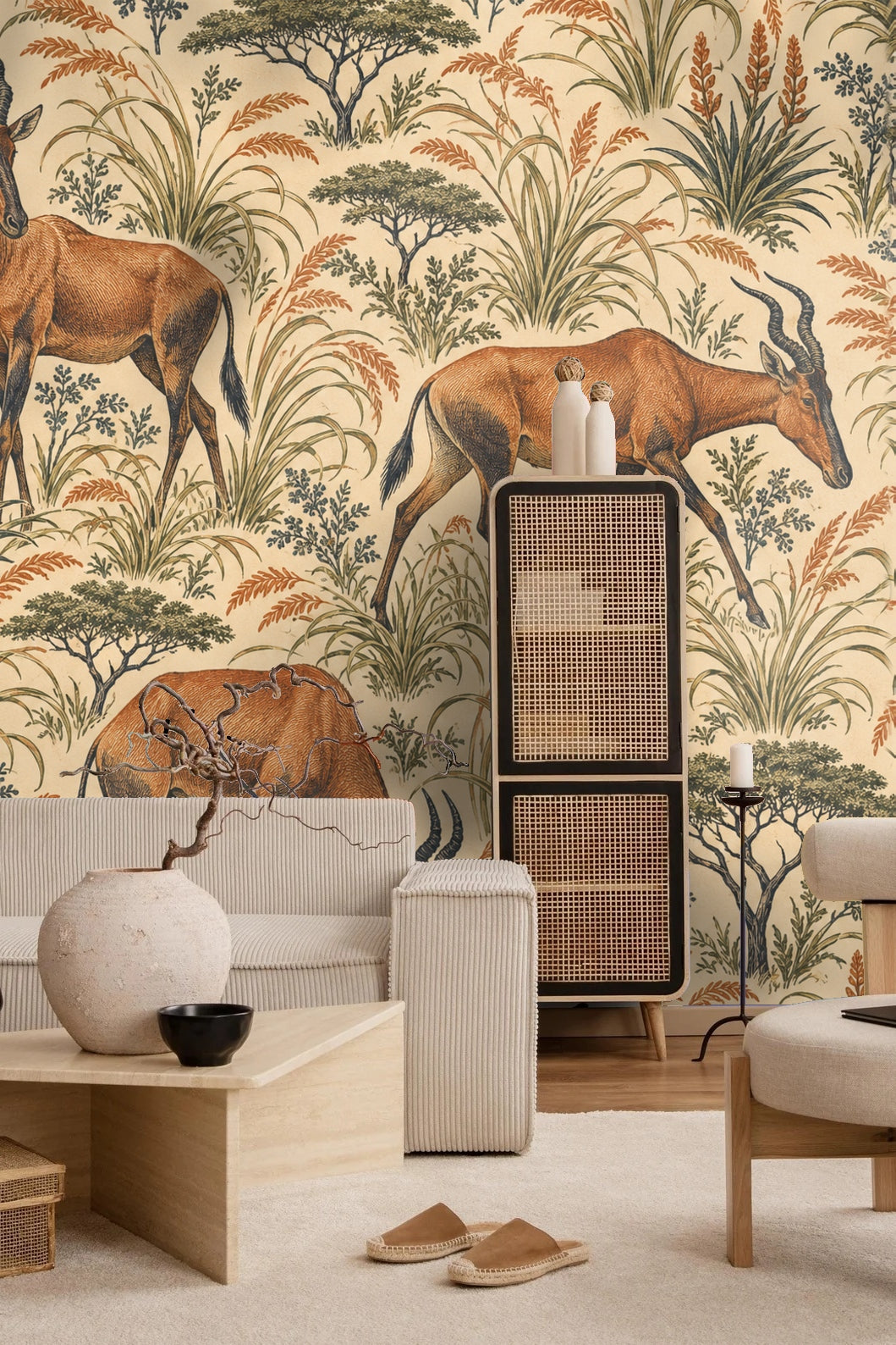 Pattern detail with slender grass blades and leafy plants framing antelope figures