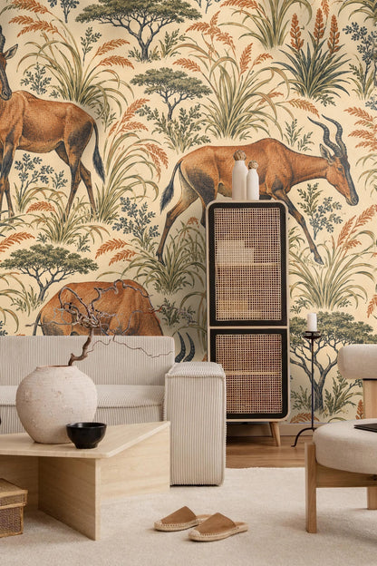 Pattern detail with slender grass blades and leafy plants framing antelope figures