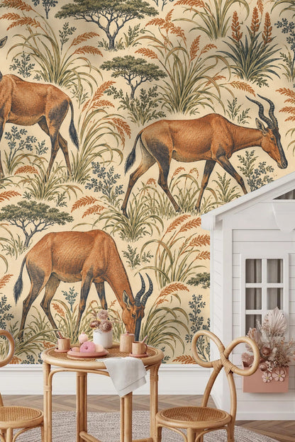 Wallpaper pattern with hartebeest and tall grasses on beige background