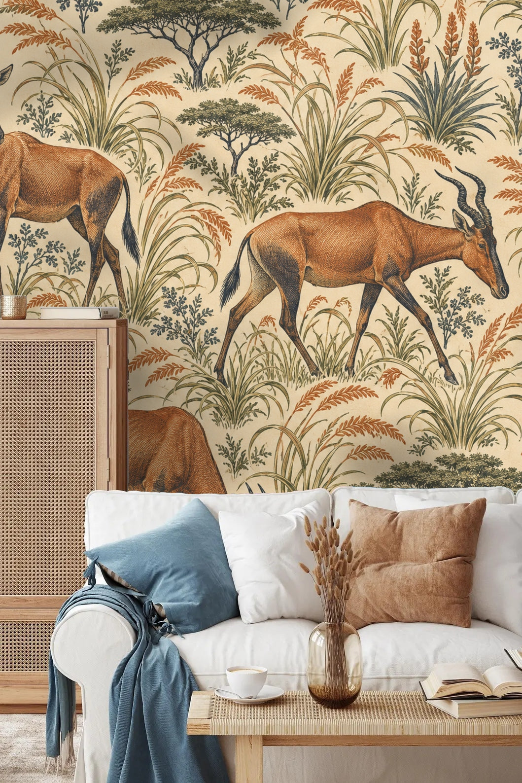 Muted earthy tones and repetitive animal pattern in Hartebeest Grove wallpaper