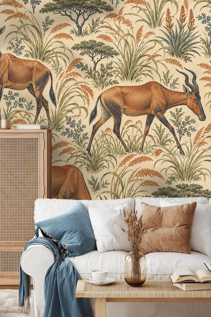 Muted earthy tones and repetitive animal pattern in Hartebeest Grove wallpaper