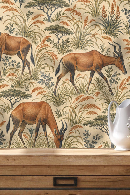 Pair of hartebeests moving through grass motif in wallpaper artwork