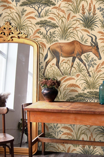 Illustrative style antelope grazing among botanical elements in wallpaper design