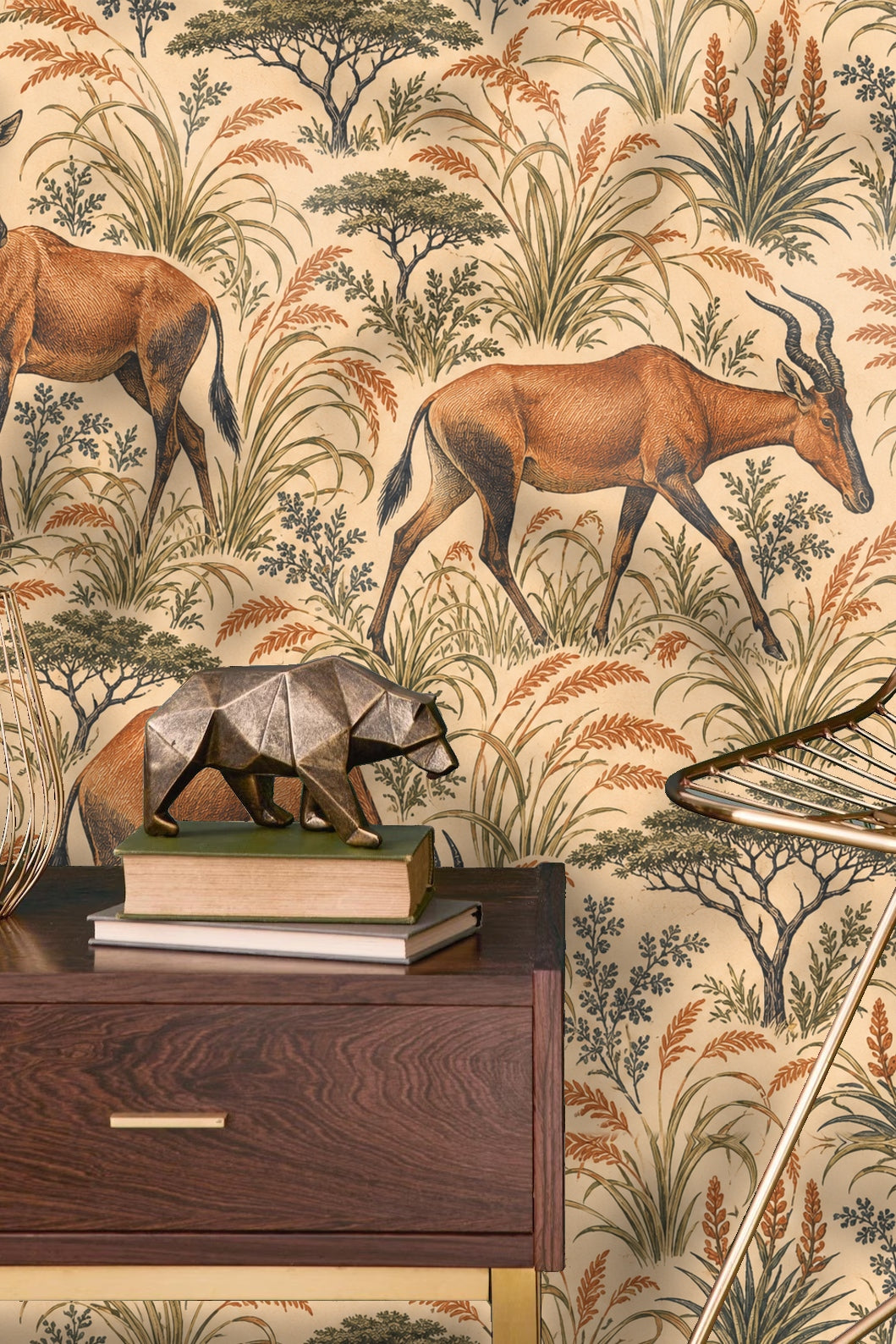 Tall grasses and small trees in Hartebeest Grove wallpaper in soft green and ochre