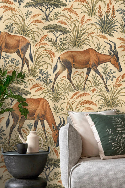 Playful wall installation for kids' room using Hartebeest Grove wallpaper