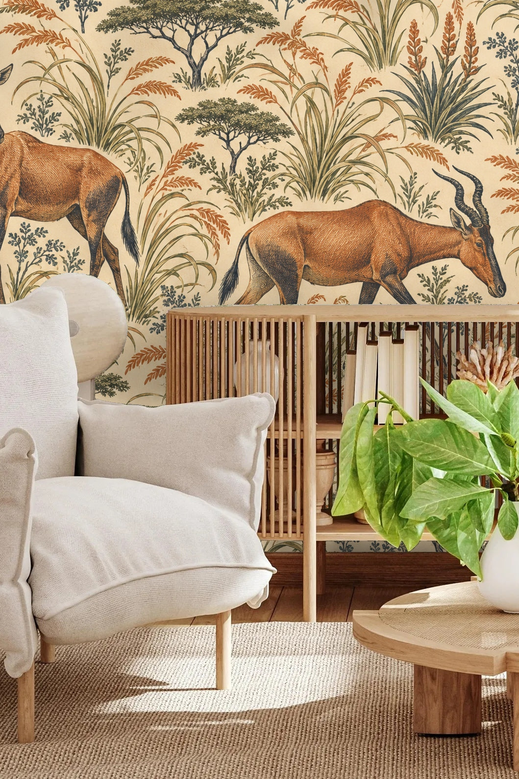 Children's playroom wall featuring Hartebeest Grove wallpaper with illustrative antelope and botanicals