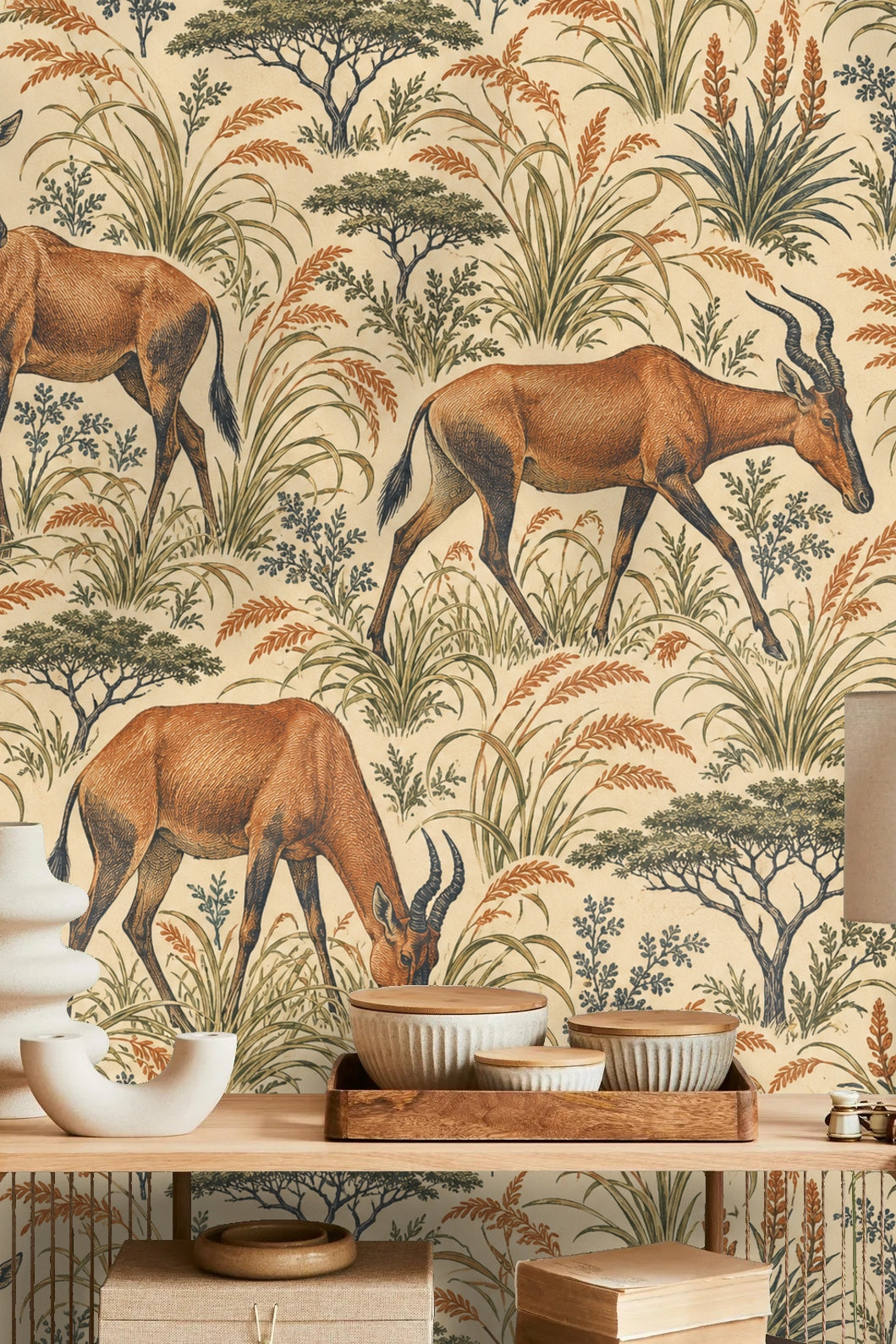 Close-up of antelope in Hartebeest Grove wallpaper showing detailed engraved linework