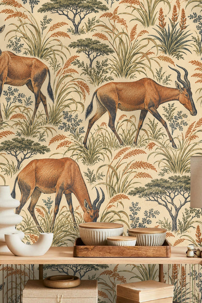 Close-up of antelope in Hartebeest Grove wallpaper showing detailed engraved linework