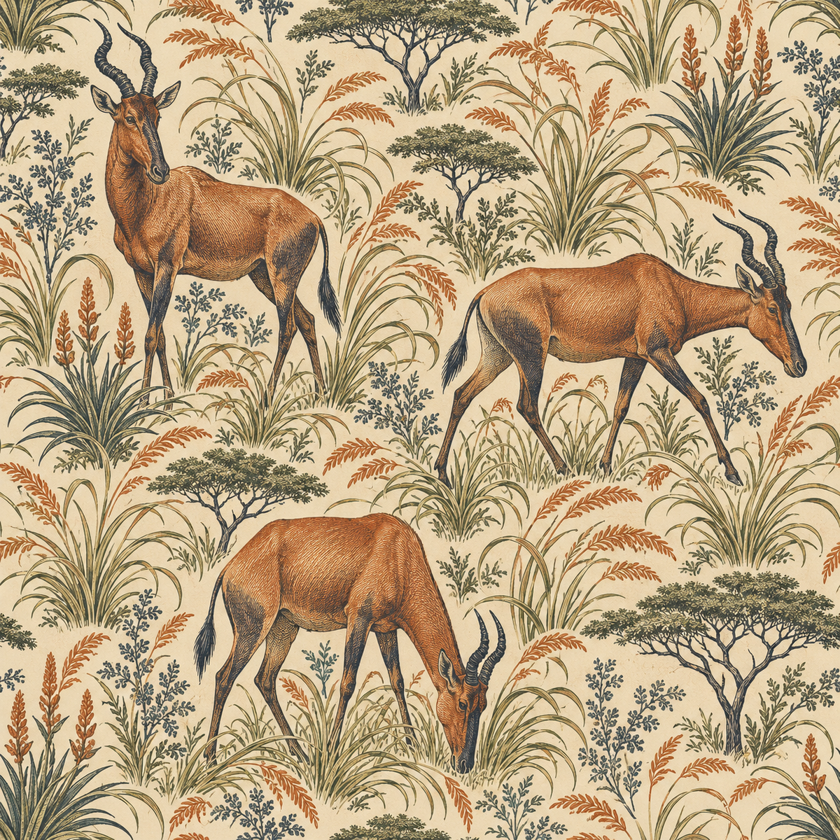 Neutral background with warm rust and foliage adding depth to wallpaper pattern