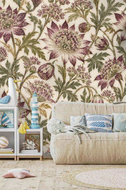 Wall mural with calm botanical drawing of astrantia flowers in subtle colors.