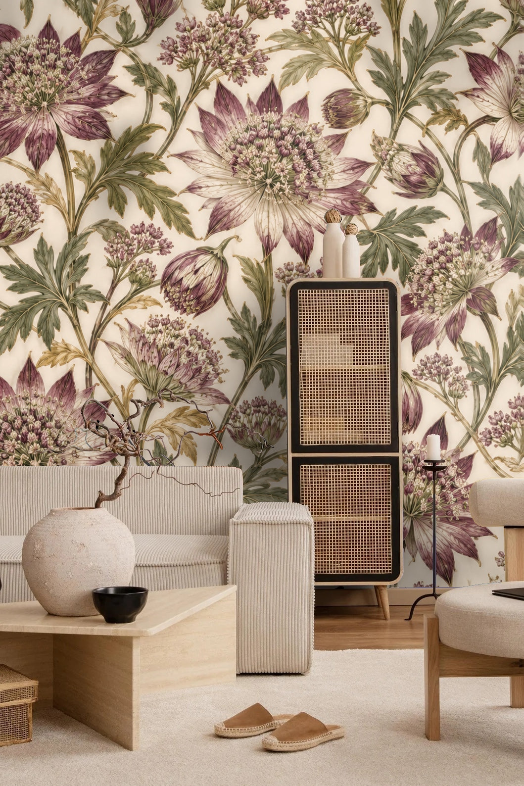 Wallpaper featuring plum-tinted astrantia flowers and light green leaves in artistic style.