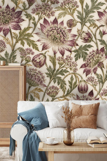 Flower buds and fern-like leaves in plum and olive color scheme wallpaper.