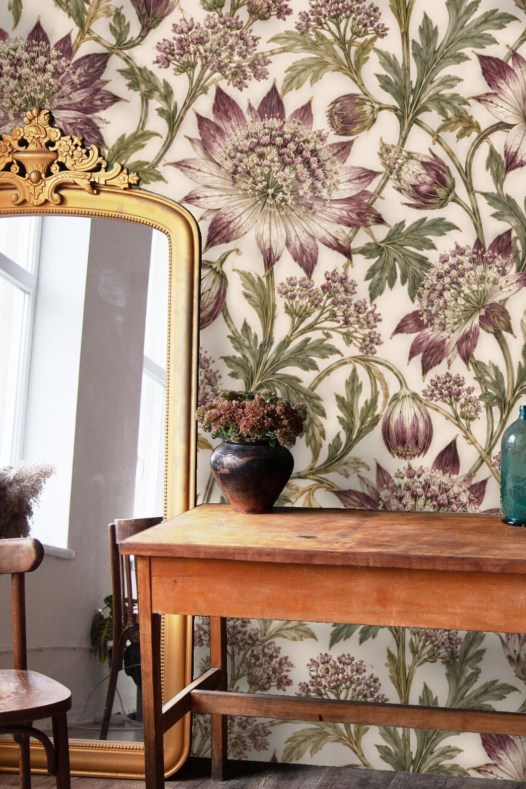 Decorative flourish of astrantia vine with detailed petal and seed heads on wallpaper.