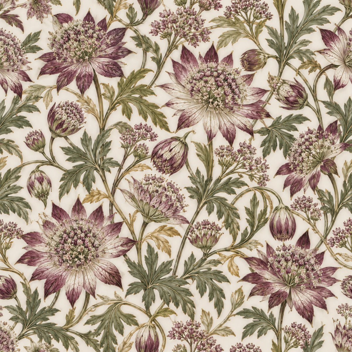 Muted floral wallpaper pattern showcasing astrantia flowers and curling vine stems. 