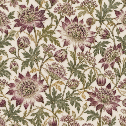 Muted floral wallpaper pattern showcasing astrantia flowers and curling vine stems. 