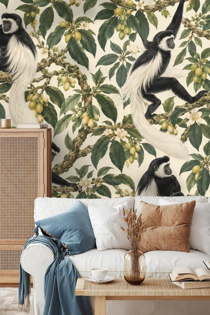 Wallpaper with vertical repeat showcasing graceful monkey poses and foliage clusters.